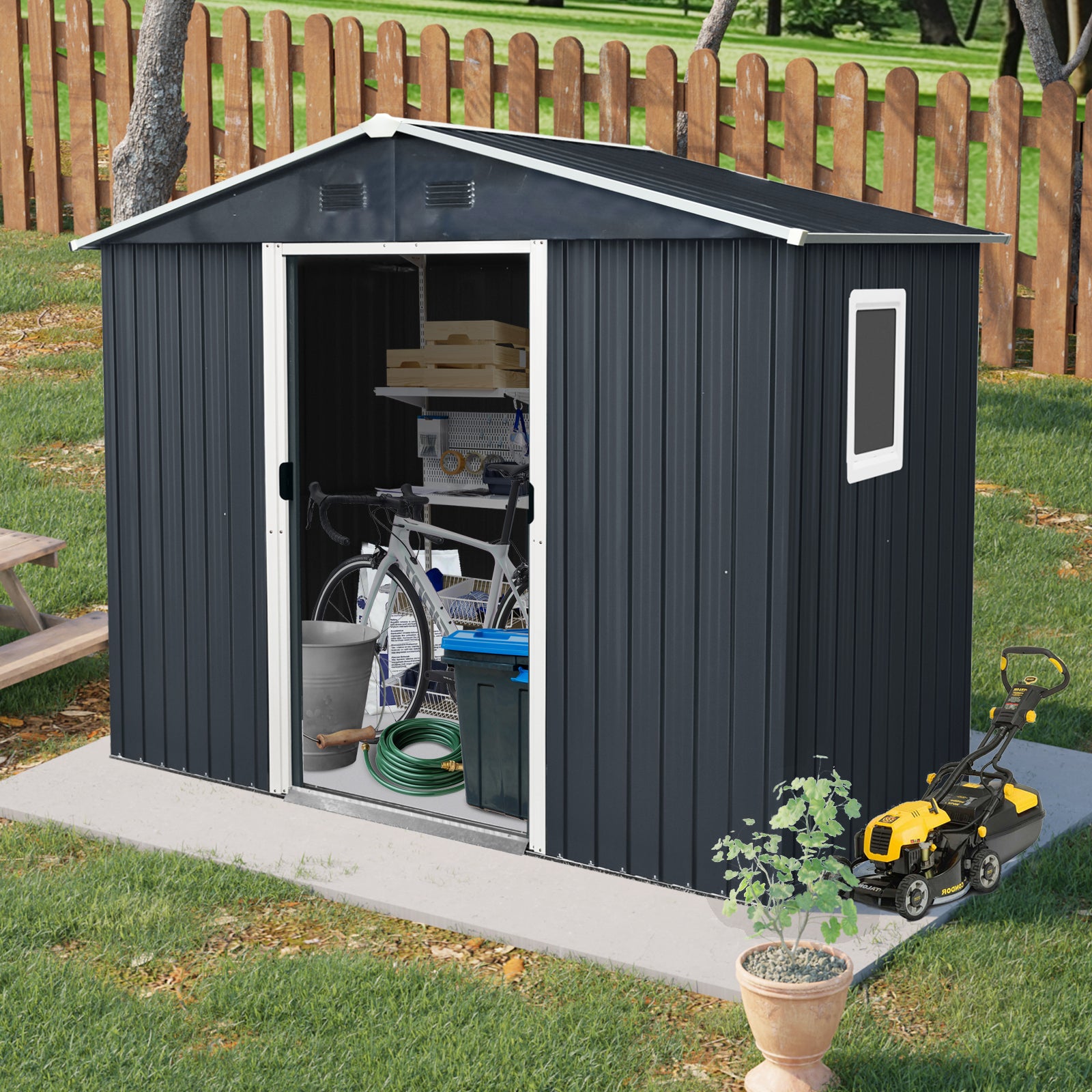 8Ft X 4Ft Outdoor Metal Storage Shed With Window And Metal Foundation For Backyard, Patio, Lawn Black And White Black White Metal