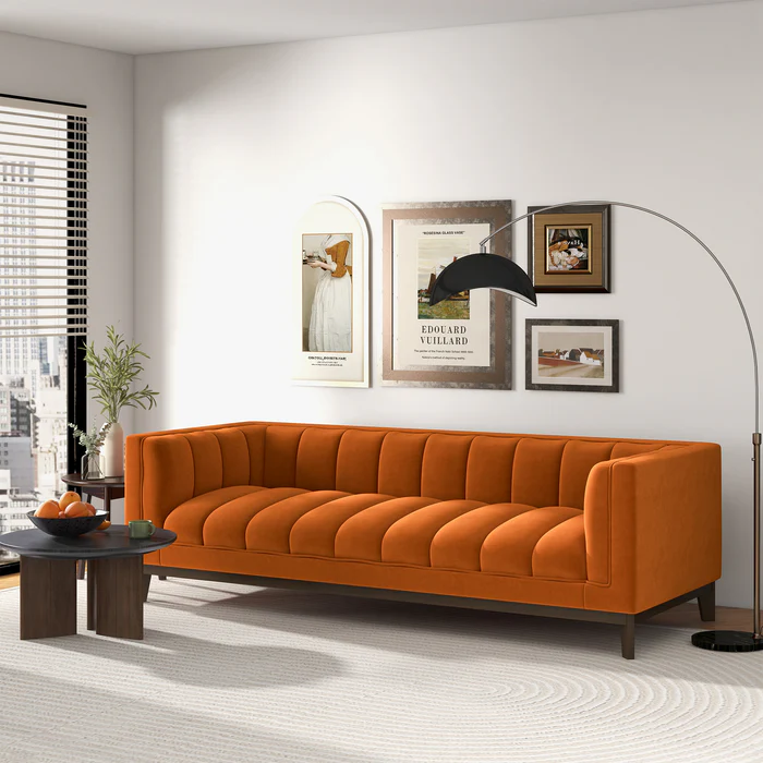 Melissa Mid Century Orange Velvet Modern Sofa Brown,Burnt Orange Mid Century Modern Foam Solid Wood,Velvet 3 Seat