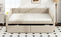 Full Size Upholstered Tufted Daybed With 2 Drawers, Beige Box Spring Not Required Full Beige Wood Daybeds Velvet Upholstered