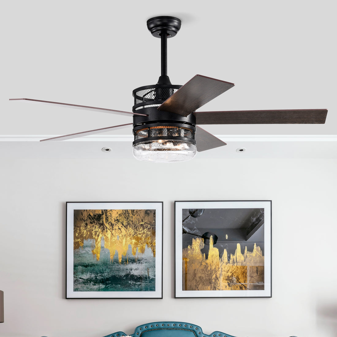 52 Inch 5 Blade Lighted Ceiling Fan With Remote Controlglass Shade Optional Remote Matte Black Matte Black American Design,American Traditional,Classic,Contemporary,Farmhouse Plywood Metal