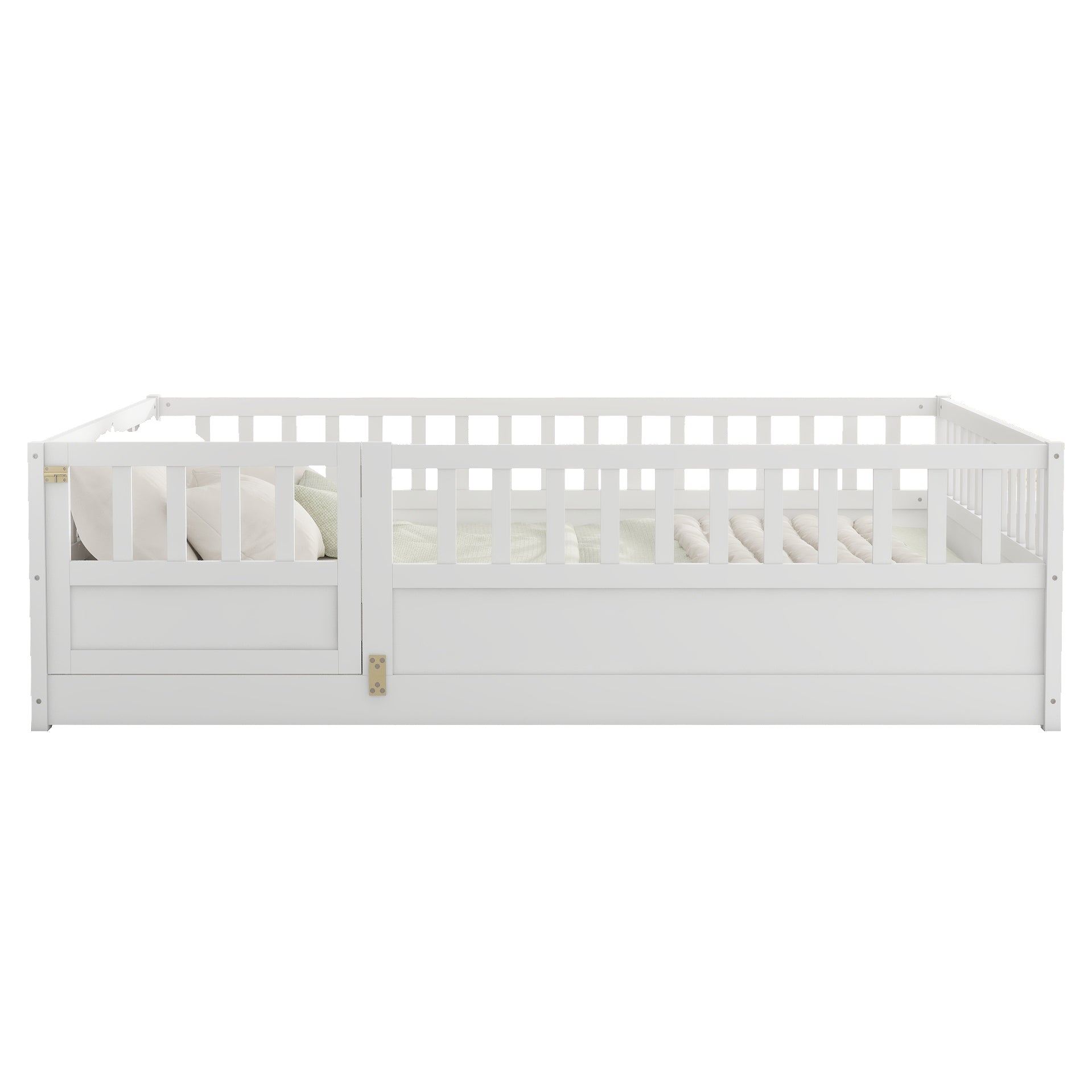 Full Size Floor Bed, Integral Construction With Super High Security Barrier, Door, Children'S Floor Bed Frame, Montessori Wooden Children'S Floor Bed, White Box Spring Required Full White Wood Brown