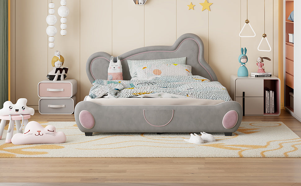 Queen Size Velvet Platform Bed With Bear Shaped Headboard, With Bed End Storage Pocket, Gray Queen Gray Plywood