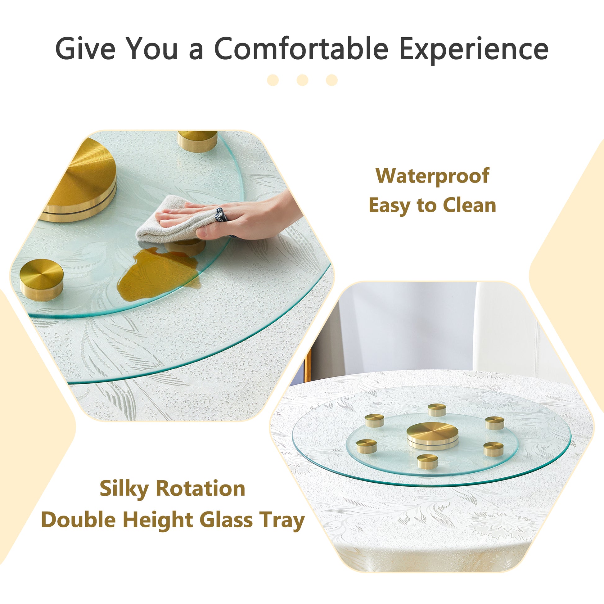 Double Layer Rotatable Round Glass.Golden Aluminum Plate,The Rotatable Design Makes It Convenient To Retrieve And Place Items.The Upper Glass Has A Diameter Of 24 Inches, The Lower Glass15 Inches.