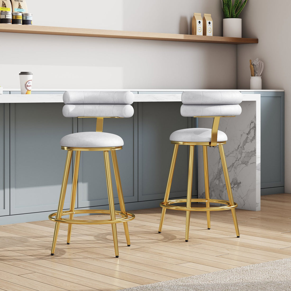 27.65'' Modern Counter Stools Set Of 2,Light Gray Velvet Counter Stools With Iron Frame,Soft Back And Cushion,Footrest,Suitable For Kitchen Bedroom Dining Room Iron Light Gray Kitchen Sponge Modern