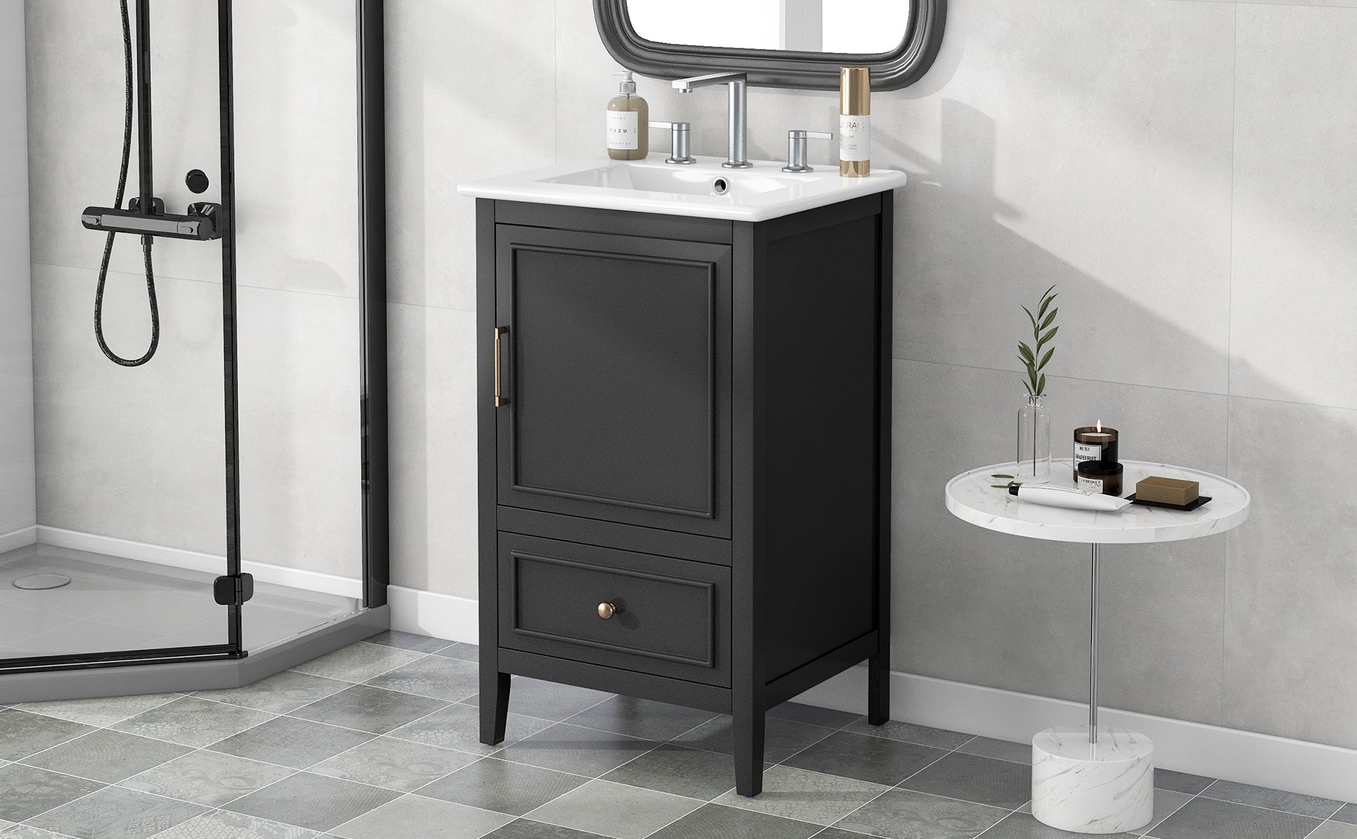 20" Bathroom Vanity With Sink, Bathroom Cabinet With A Door, Door Shelf Storage And Adiustable Foot Pads, A Drawer, Black Black Solid Wood Mdf