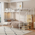 Twin Over Full Metal Bunk Bed With Wire Shelving And Lateral Storage Ladder And Wardrobe, White White Metal