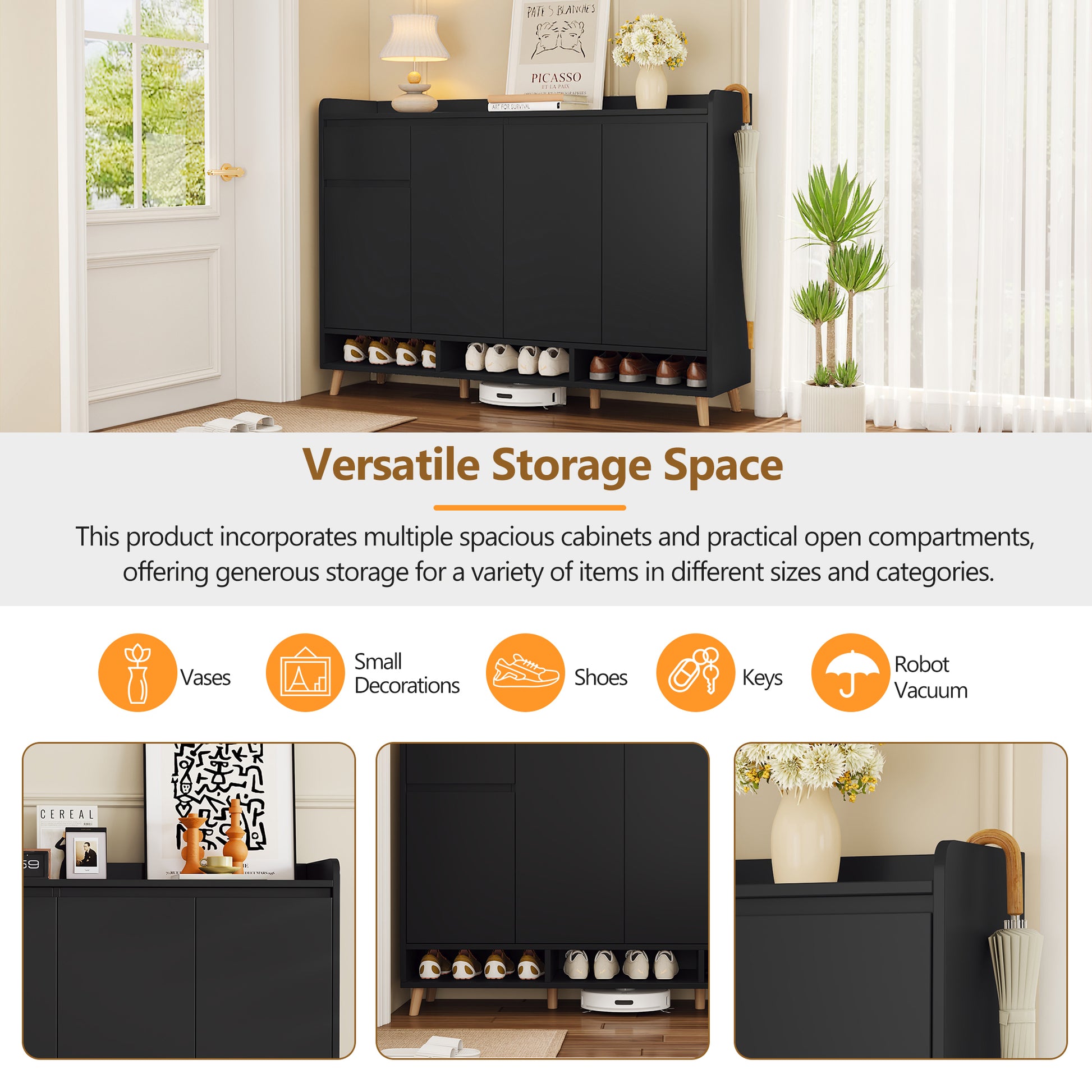 Sleek And Contemporary Shoe Cabinet With Adjustable Shelves, Minimalist Home Organizer With Solid Wood Legs, Storage Sideboard For Entryway, Living Room, Black Black Primary Living Space Particle Board