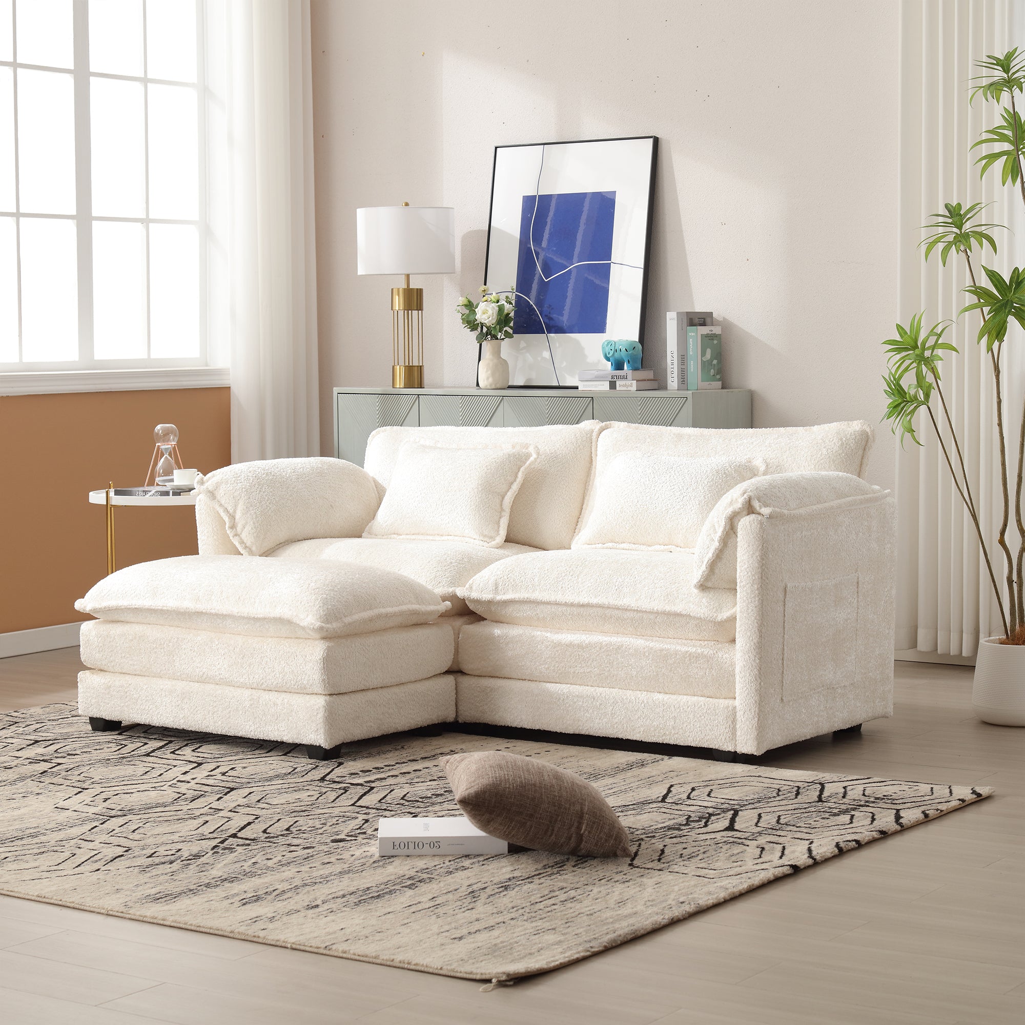 United We Win Chenille Fabric, Removable Armrests With Side Pockets, High Density Sponge Filling, Oversized Double Sofa With Footstool Beige Chenille 2 Seat