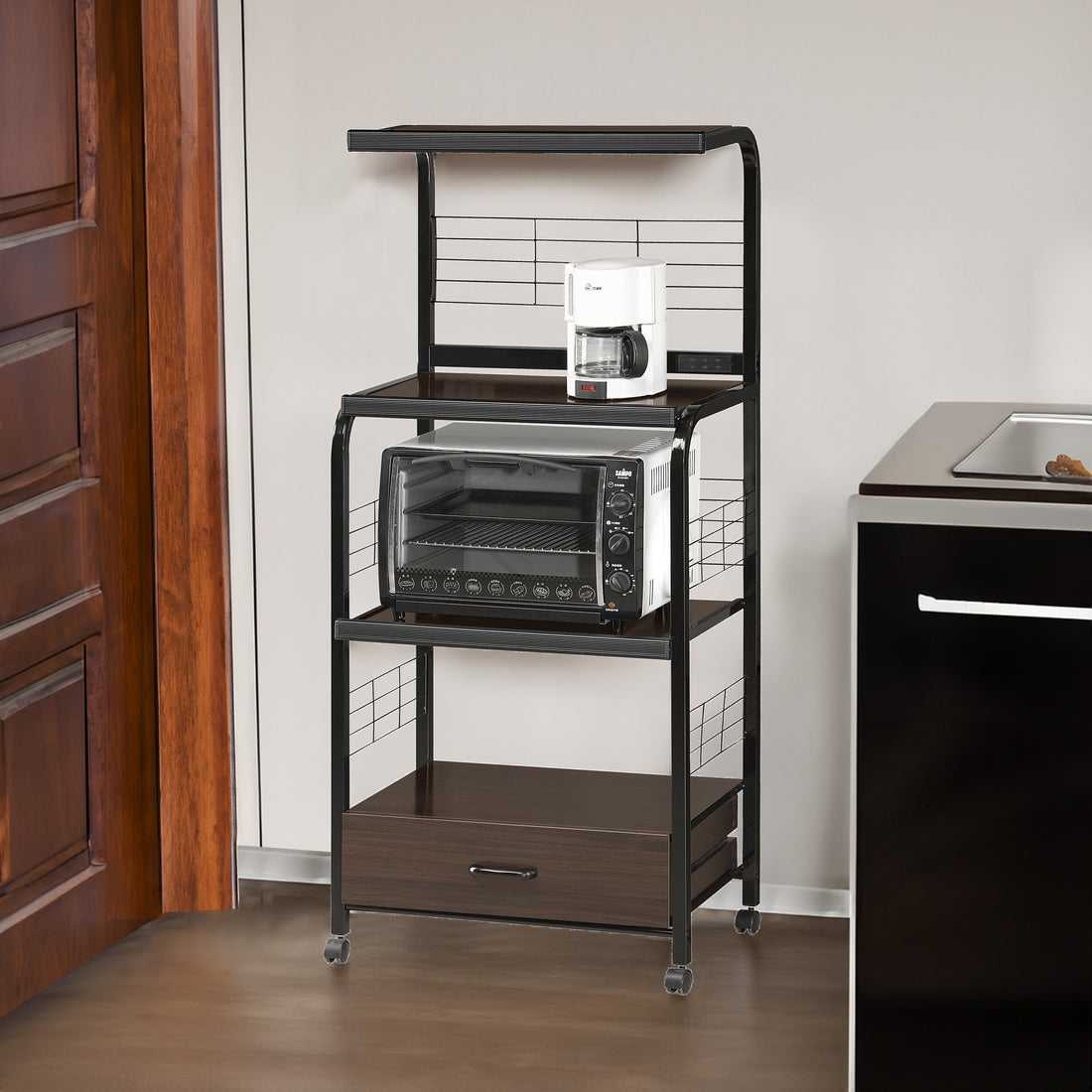 1Pc Black Brown Kitchen Cart Open Shelves Metal Frame Black Brown Kitchen Metal,Wood