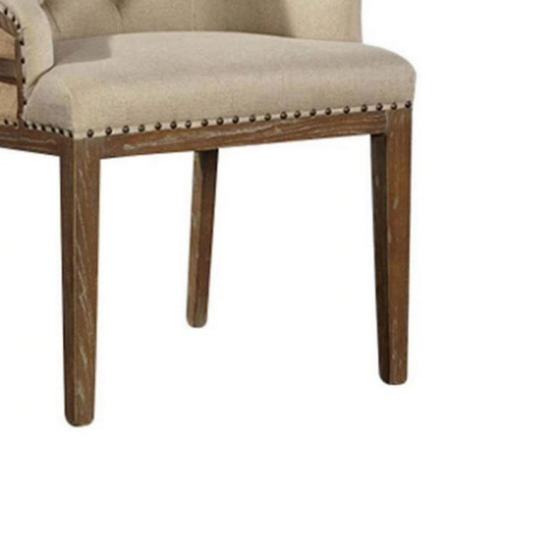 28 Inch Dining Chair, Button Tufted Backrest, Trim, Beige Linen Beige Brown Wood Fabric