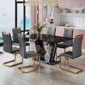 Table And Chair Set,Modern Minimalist Rectangular Dining Table, 0.4 Inch Thick, With A Black Imitation Marble Pattern Glass Desktop And Black Mdf Legs. Comfortable Pu Seats,Perfect For Dinner, Meet Grey Black Seats 6 Mdf Glass