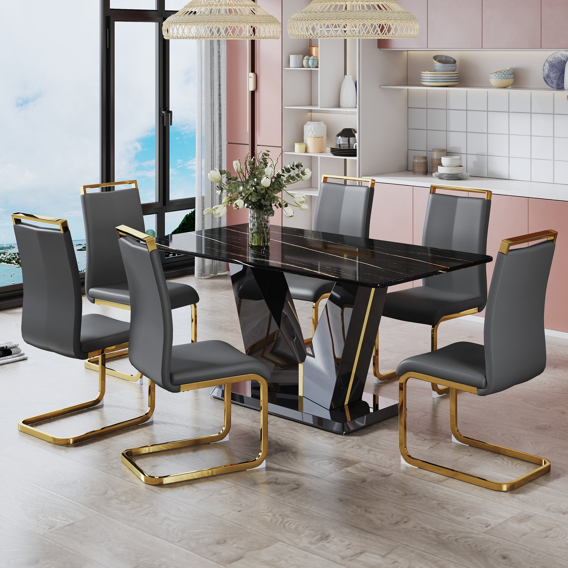 Table And Chair Set,Modern Minimalist Rectangular Dining Table, 0.4 Inch Thick, With A Black Imitation Marble Pattern Glass Desktop And Black Mdf Legs. Comfortable Pu Seats,Perfect For Dinner, Meet Grey Black Seats 6 Mdf Glass