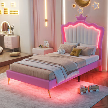 Twin Size Upholstered Bed Frame With Led Lights, Modern Upholstered Princess Bed With Crown Headboard, Pink White Box Spring Not Required Twin Pink White Wood Bedroom Modern Bed Frame Pu