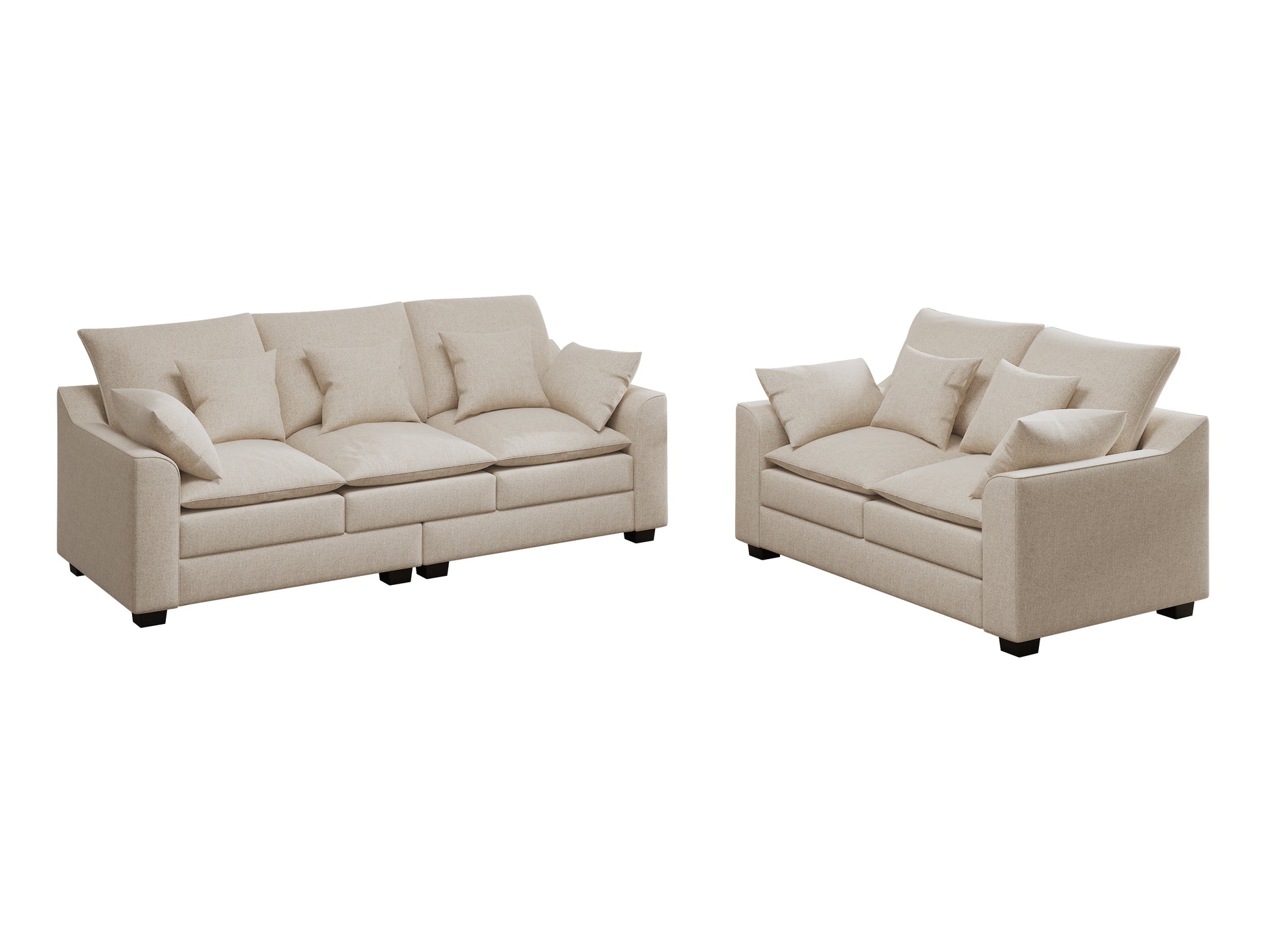 2 Pieces Sofa Couch 3 Seater And Loveseat With Pillows Polyester Upholstered Duck Down Filled Cushion Sofa Set For Living Room Apartment,Beige Beige Polyester Wood Primary Living Space Soft Cushion Back Foam Polyester 5 Seat