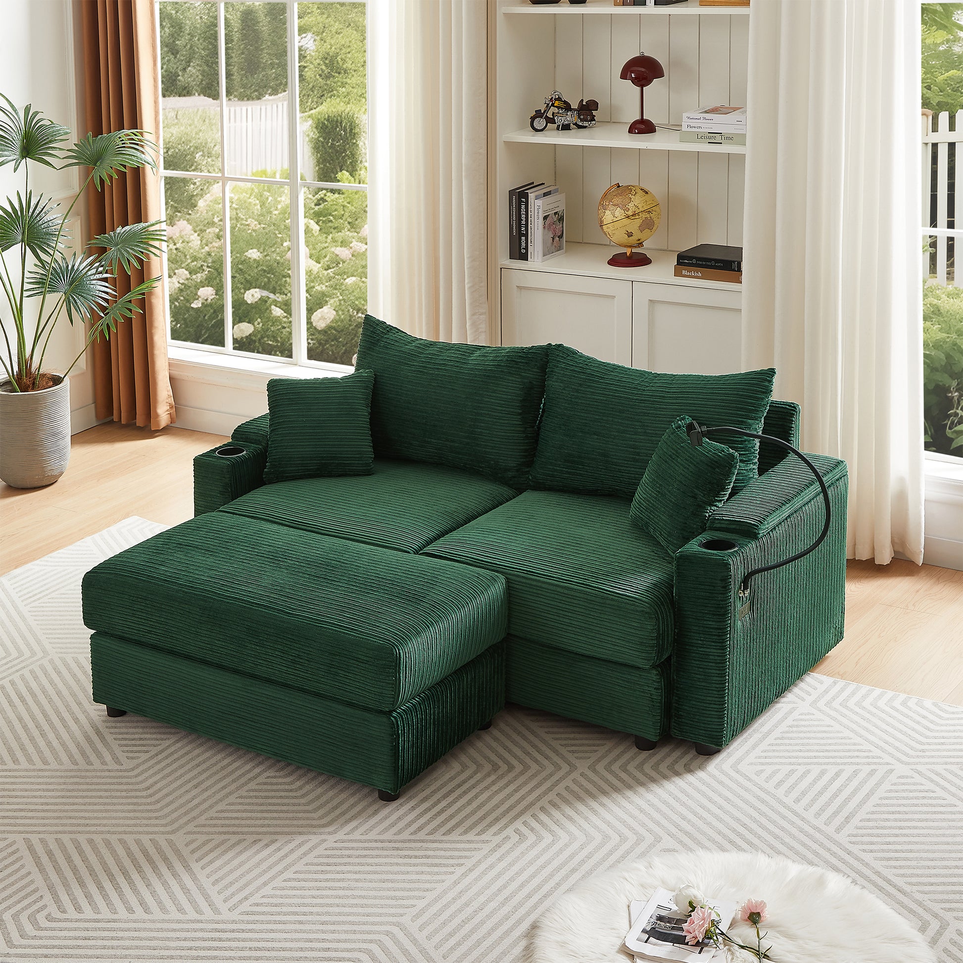 72.8" Modern Style Loveseat Sofa Sectional Sofa Couch With Storage Space, A Movable Ottoman, Two Usb Ports, Two Cup Holders, A Phone Holder For Living Room, Green Green Foam Corduroy 3 Seat