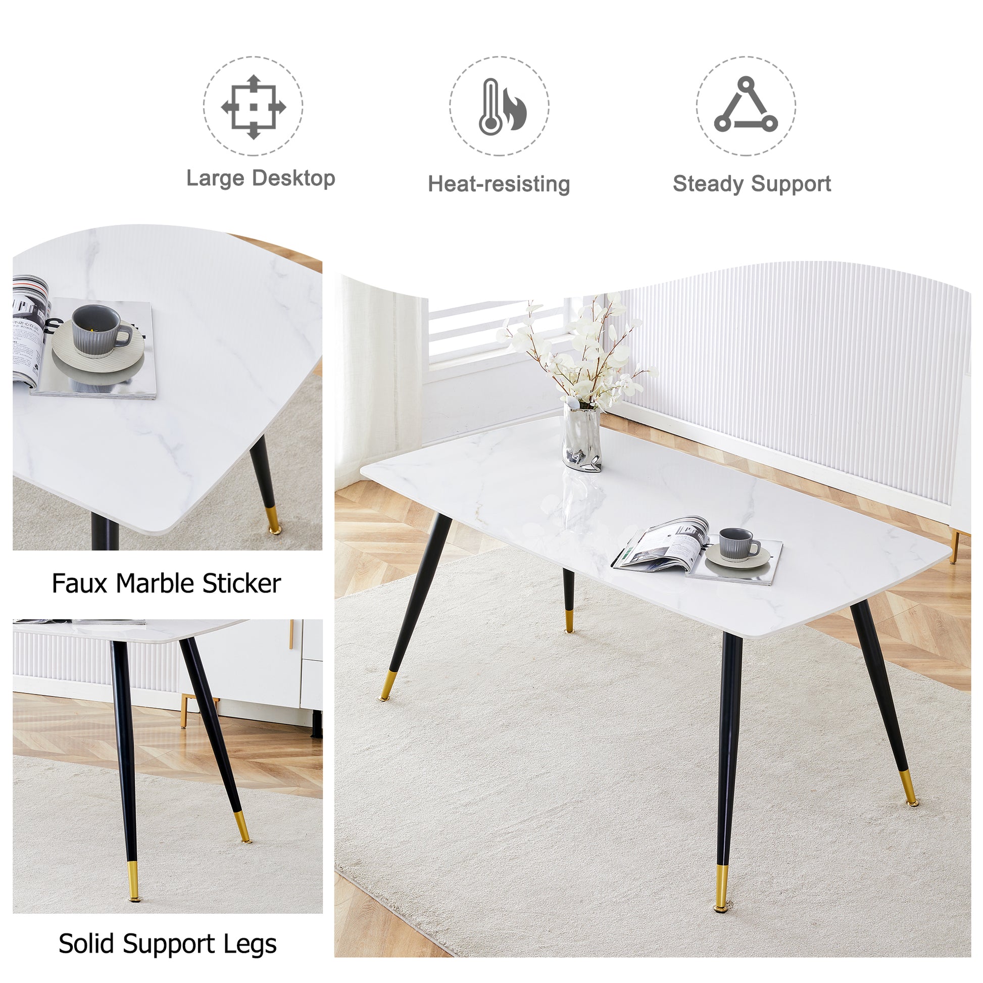 Modern Minimalist Dining Table. White Imitation Marble Pattern Sintered Stone Desktop With Black Metal Legs.62.2"*34.6"*30" F 001 Black Gold Sintered Stone