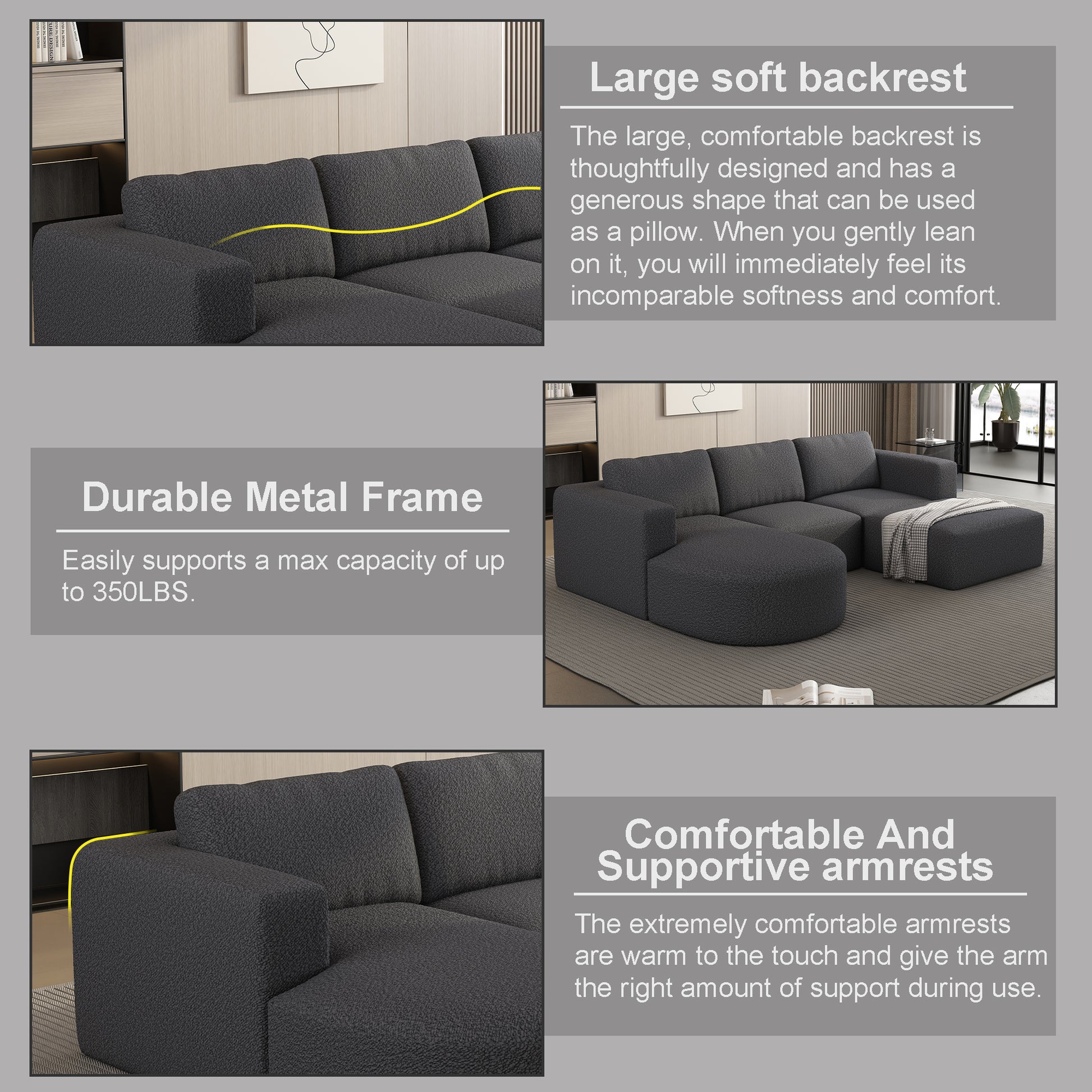 104.32*66.92 Modular Sectional Sofa Sleeper Couch, Sectional Sofa With Chaise And Ottoman, Convertible U Shaped Modular Sofa Set. Compressed Sponge, Dark Grey. Combo A 2B 2D Dark Grey Primary Living Space Soft Minimalist,Modern Foam Spring 5 Seat