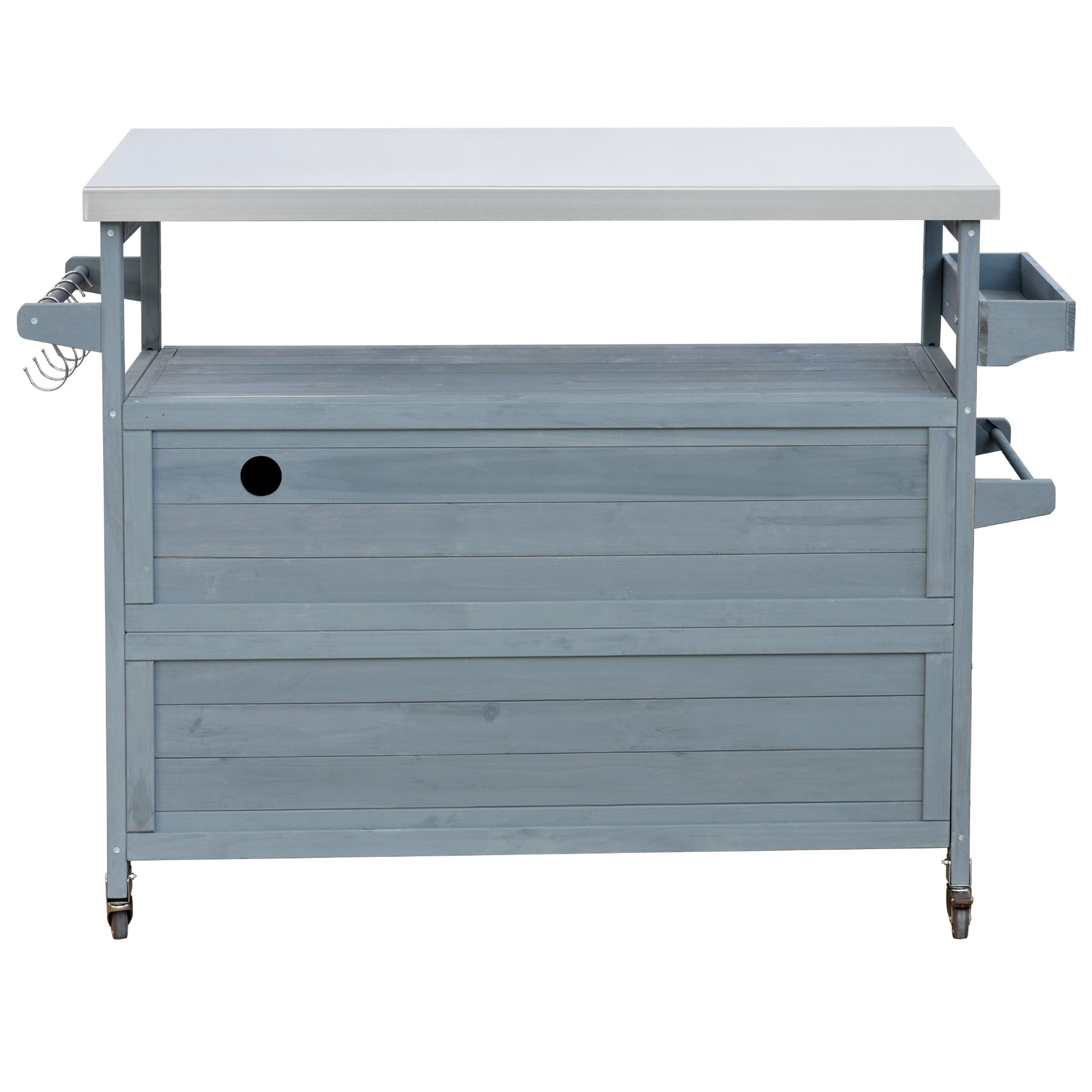 K&K Outdoor Kitchen Island, Rolling Bar Cart & Storage Cabinet, Farmhouse Solid Wood Outdoor Grill Table With Stainless Steel Top, Spice Racktowel Rack For Kitchen & Bbqgrey Blue Grey Blue Garden & Outdoor Classic,Farmhouse,French Country,Luxury,Modern