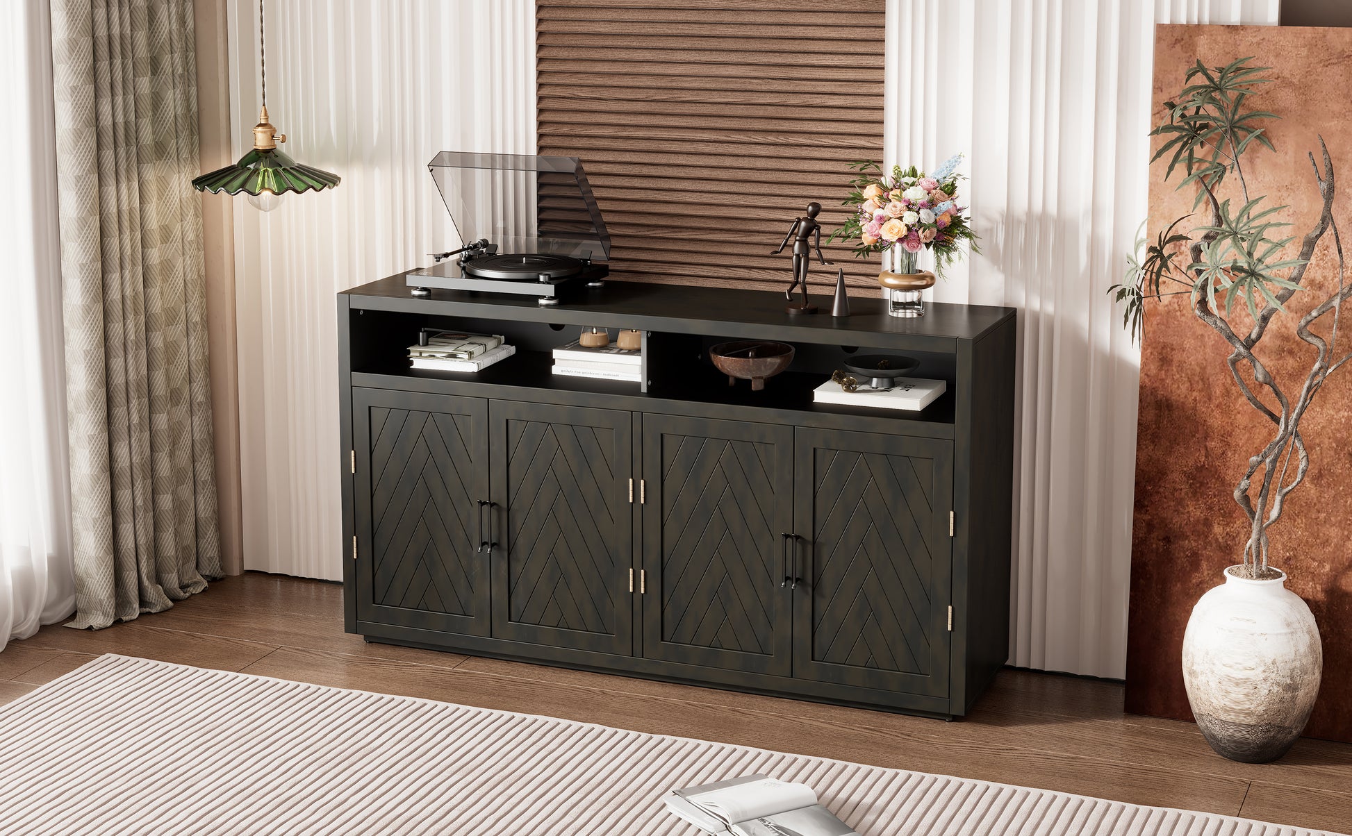 4 Door Classic Sideboard With Open Storage And Adjustable Shelves Perfect For Kitchens, Living Rooms Grey Brown Grey Brown Mdf