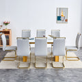 Table And Chair Set.Large Modern Rectangular Table With 0.4 Inch Patterned Glass Tabletop And Large Mdf Table Legs.Comes With 8 Chairs With Faux Leather Cushioned Seats And Golden Metal Legs. Gold White Seats 8 Mdf Glass
