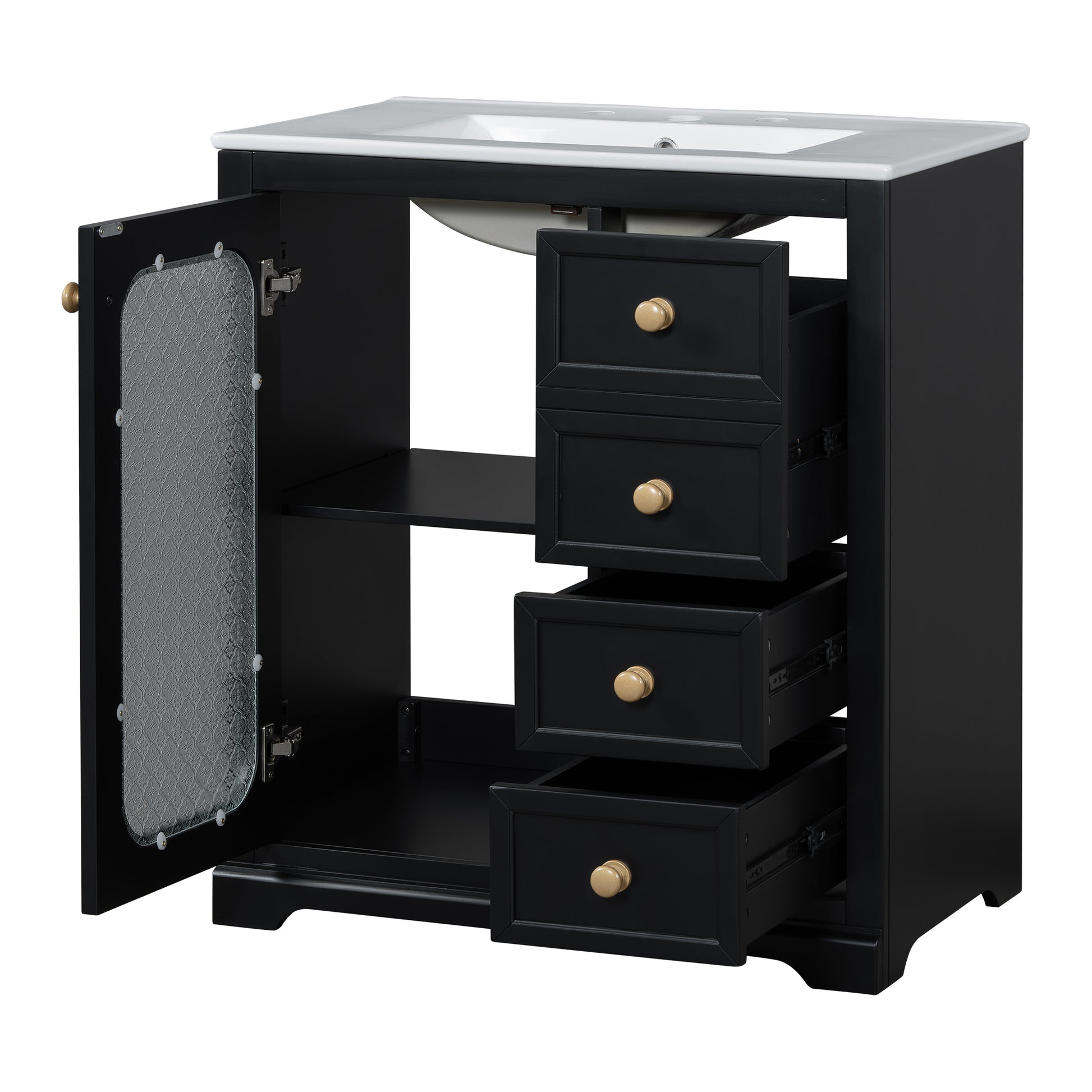 30 Inch Bathroom Vanity With A Soft Close Glass Door, Adjustable Shelves, And Three Drawers Black Bathroom Solid Wood Mdf Glass