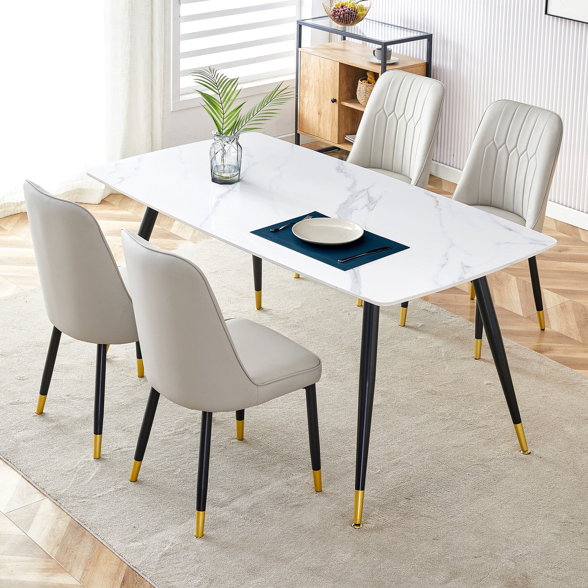 Modern Minimalist Dining Table. White Imitation Marble Pattern Sintered Stone Desktop With Black Metal Legs.Modern Dining Chair With Pu Artificial Leather Backrest Cushion And Black Metal Legs.F 001 Black Gold Sintered Stone