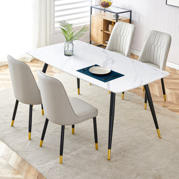 Modern Minimalist Dining Table. White Imitation Marble Pattern Sintered Stone Desktop With Black Metal Legs.Modern Dining Chair With Pu Artificial Leather Backrest Cushion And Black Metal Legs.F 001 Black Gold Sintered Stone