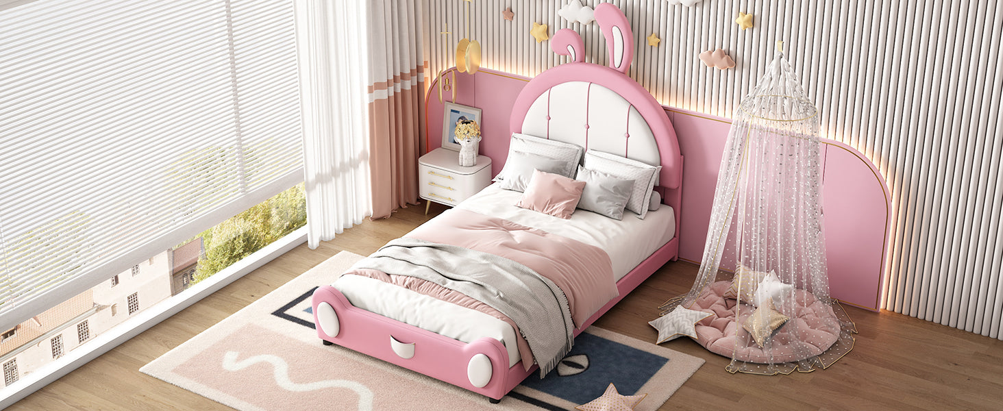 Twin Size Upholstered Platform Bed With Rabbit Shaped Headboard, Pink Box Spring Not Required Twin Pink White Wood Bedroom Bed Frame Faux Leather Upholstered