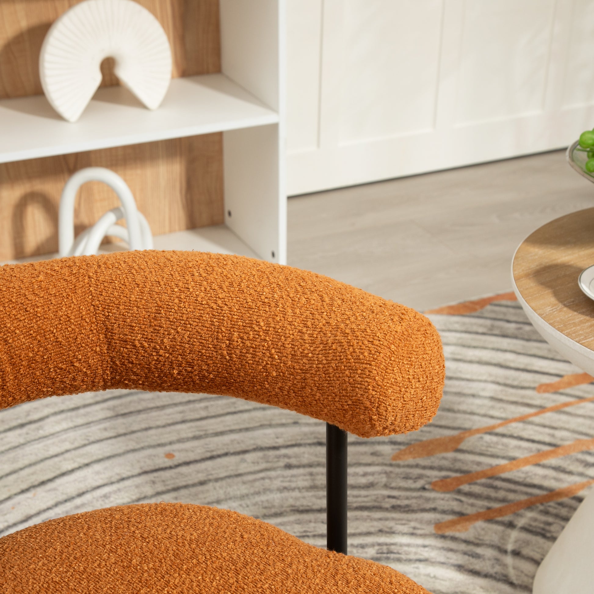 Coolmore Boucle Dining Chairs Set Of 2, Mid Century Modern Curved Backrest Chair, Round Upholstered Kitchen Chairs Orange Boucle Orange Foam Mdf Metal