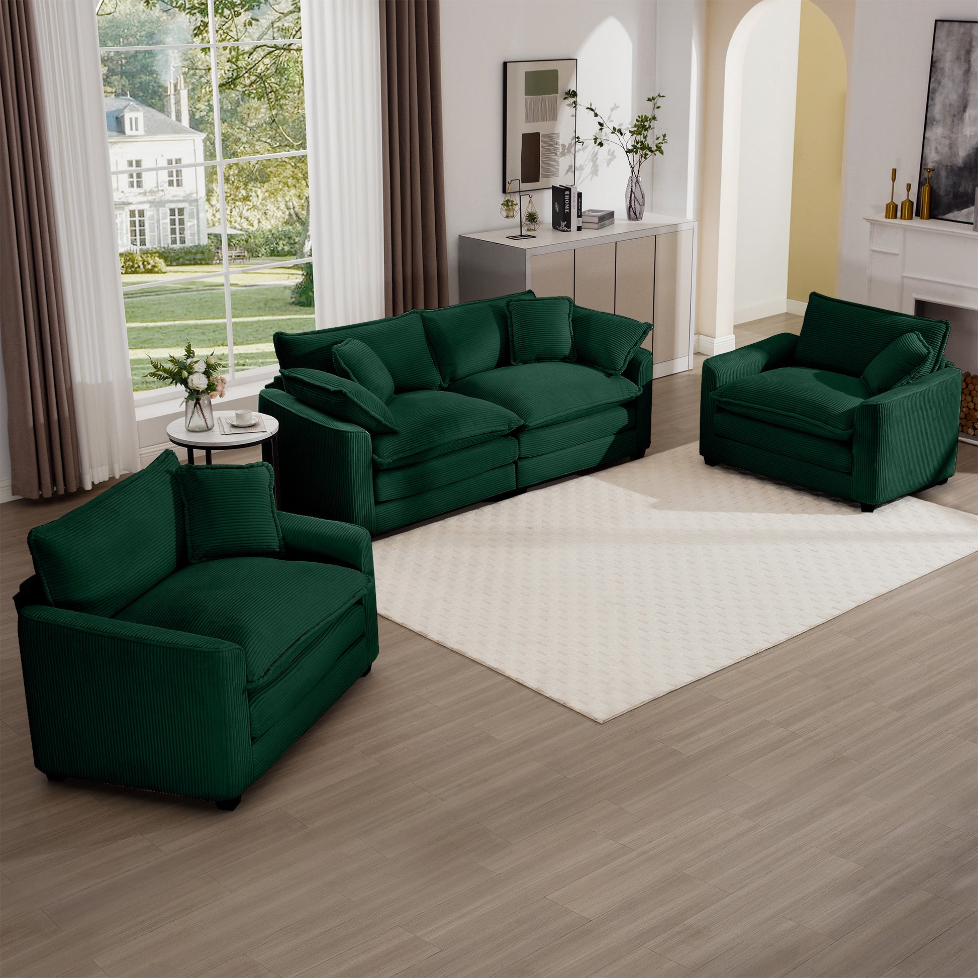 Warm And Cozy Sofa Set With Soft Cushions And Pillows, Home Theater Style Sofa Set Consisting Of One 2 Seater Sofas And Two Single Sofa In Green Corduroy Fabric Green Corduroy 4 Seat