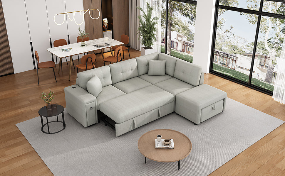 86.6" Sectional Sofa L Shaped Sofa Couch Pull Out Sofa Bed With A Movable Ottoman, Two Usb Ports And Two Cup Holders For Living Room, Gray Grey Foam Chenille 4 Seat