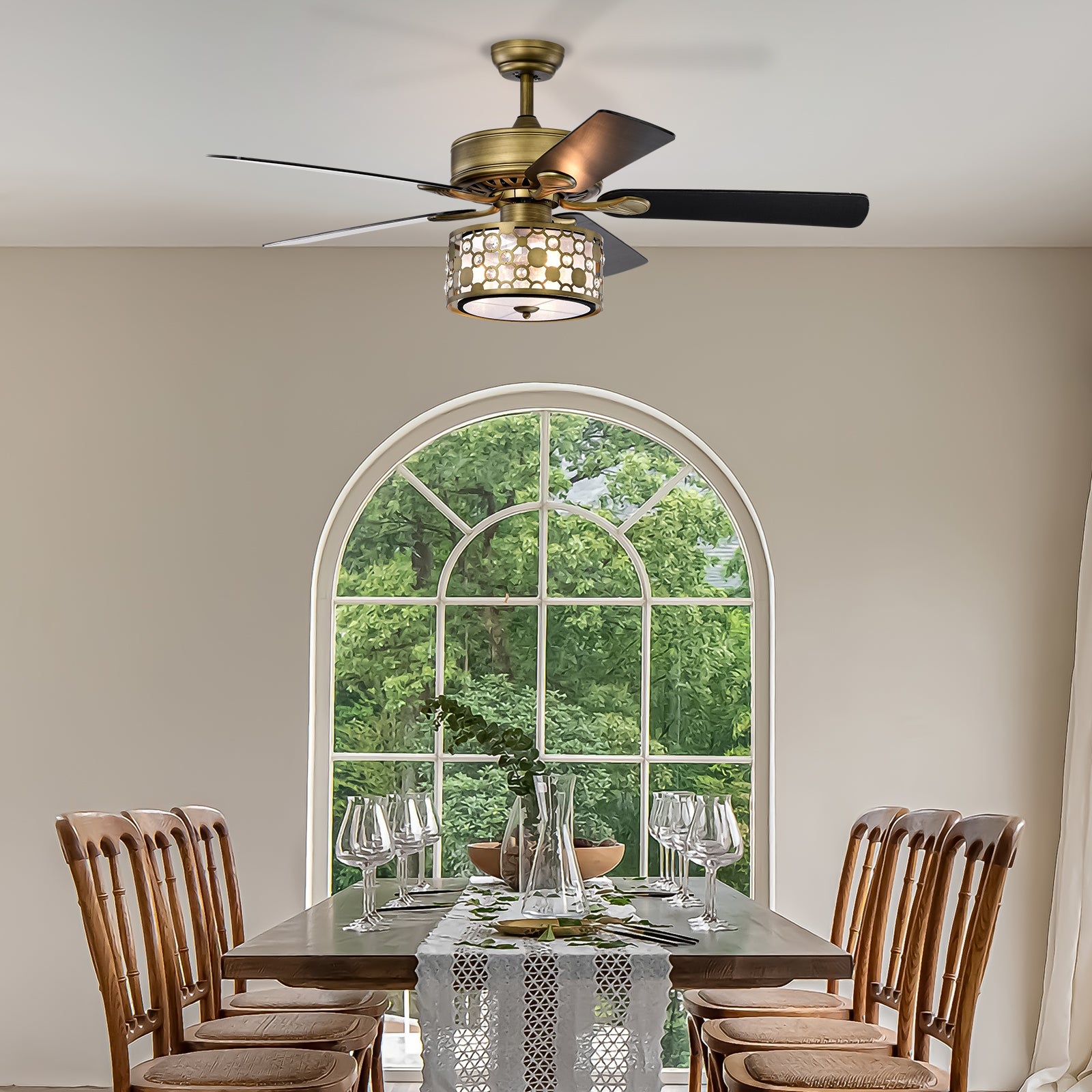 52Inch Antique Bronze Metal 3 Lights Crystal Ceiling Fan With 5 Wood Blades, Two Color Fan Blade, Ac Motor, Remote Control, Reversible Airflow, 3 Speed, Adjustable Height, Traditional Ceiling Fan Antique Brass American Design,American