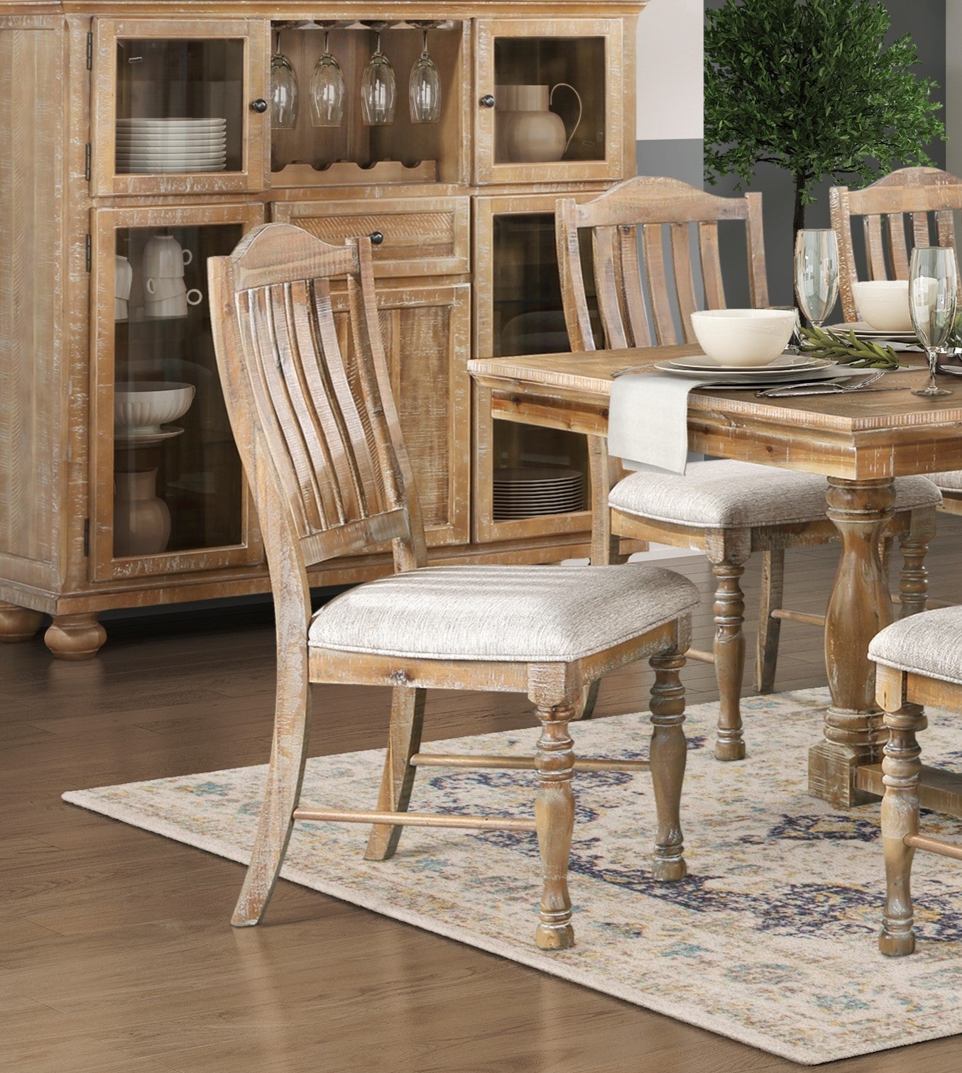 Traditional Farmhouse Style Chairs Set Of 2, Wheat Finish Textured Fabric Upholstered Vertical Slat Back Side Chair. Wheat Dining Room Side Chair Wood