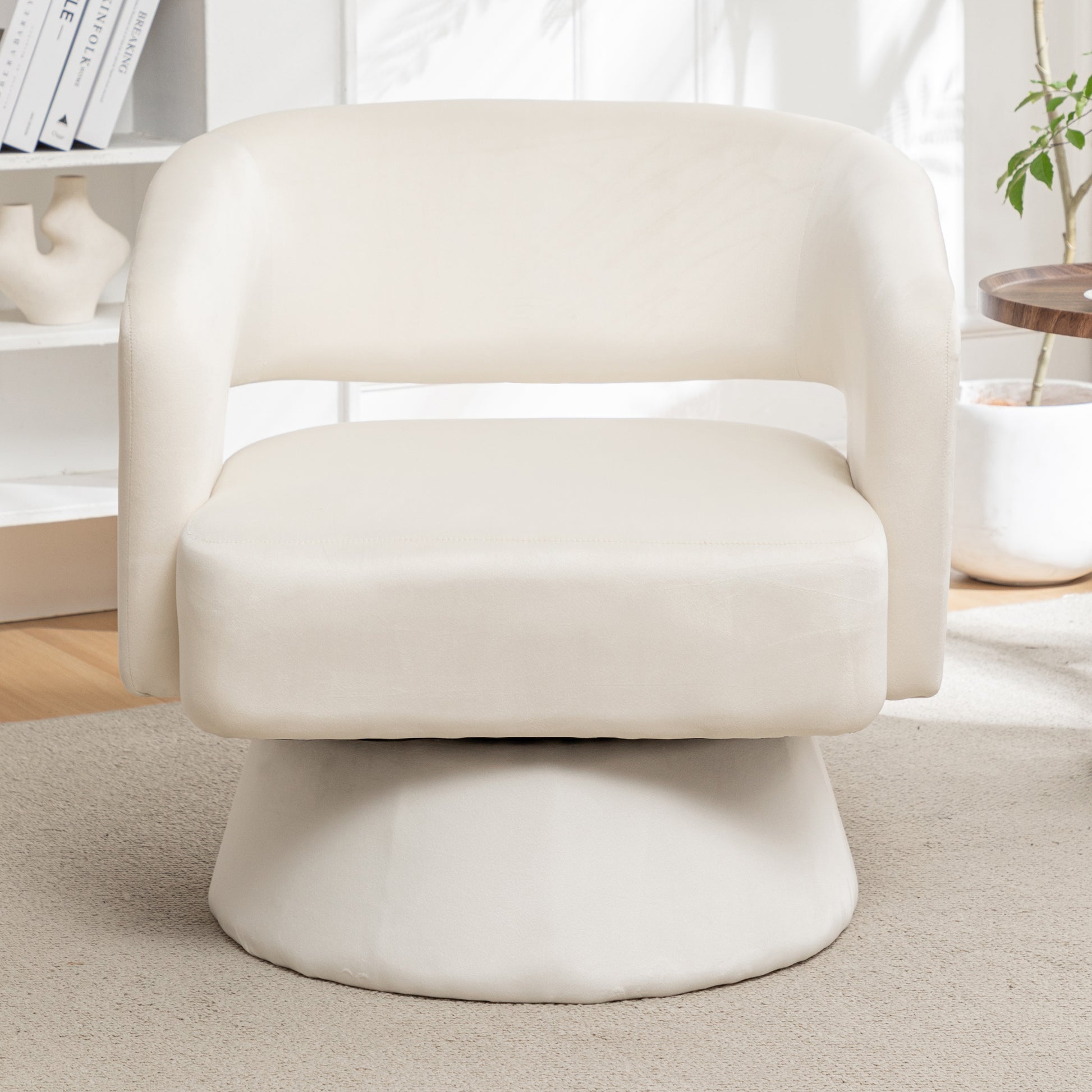 Swivel Barrel Chair, Velvet Accent Armchair 360 Degree Swivel Club Chair For Living Room Bedroom Reception Room White Foam Velvet