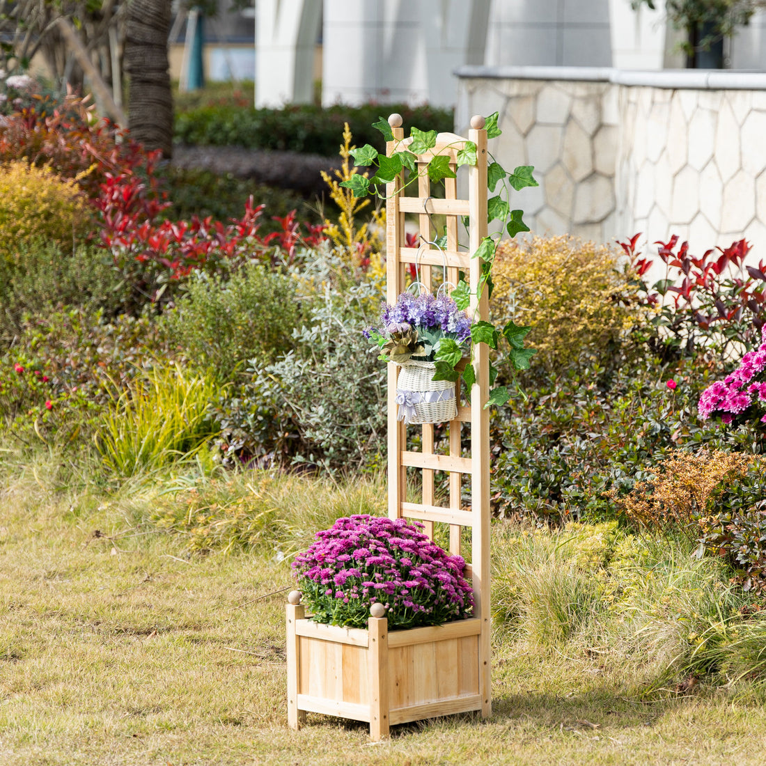 Outsunny Wooden Raised Garden Bed With Trellis, Outdoor Planter Box With Drainage Crevices For Climbing Vine Plants Flowers, 12" X 12" X 49" Natural Wood