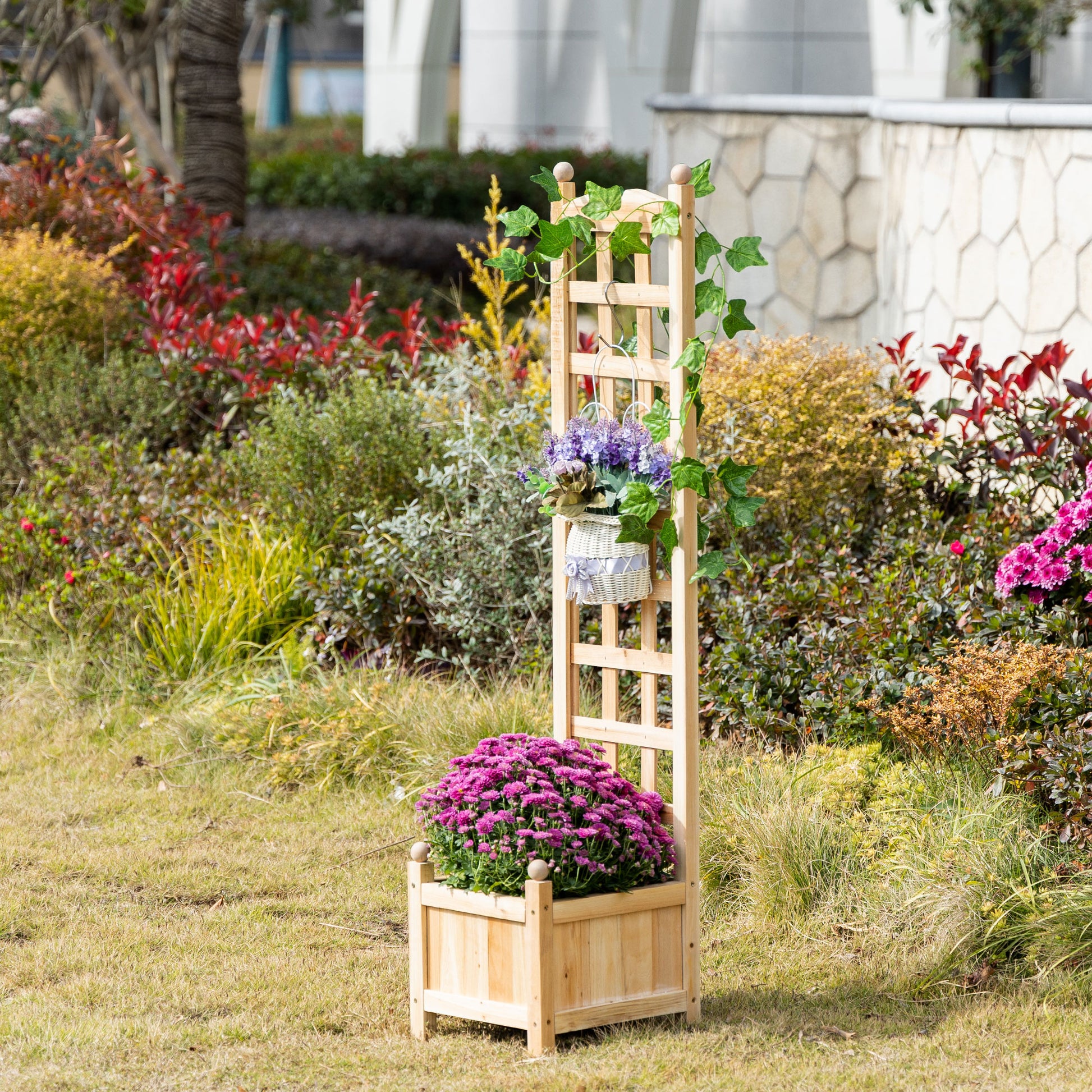 Outsunny Wooden Raised Garden Bed With Trellis, Outdoor Planter Box With Drainage Crevices For Climbing Vine Plants Flowers, 12" X 12" X 49" Natural Wood