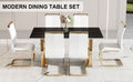 Table And Chair Set,Modern Rectangular Table With 0.4 Inch Black Patterned Tabletop And Gold Legs, Suitable For Kitchen, Dining Room, And Living Roomcomfortable Pu Seats,Perfect For Dinner, Meet White Black Seats 6 Sintered Stone