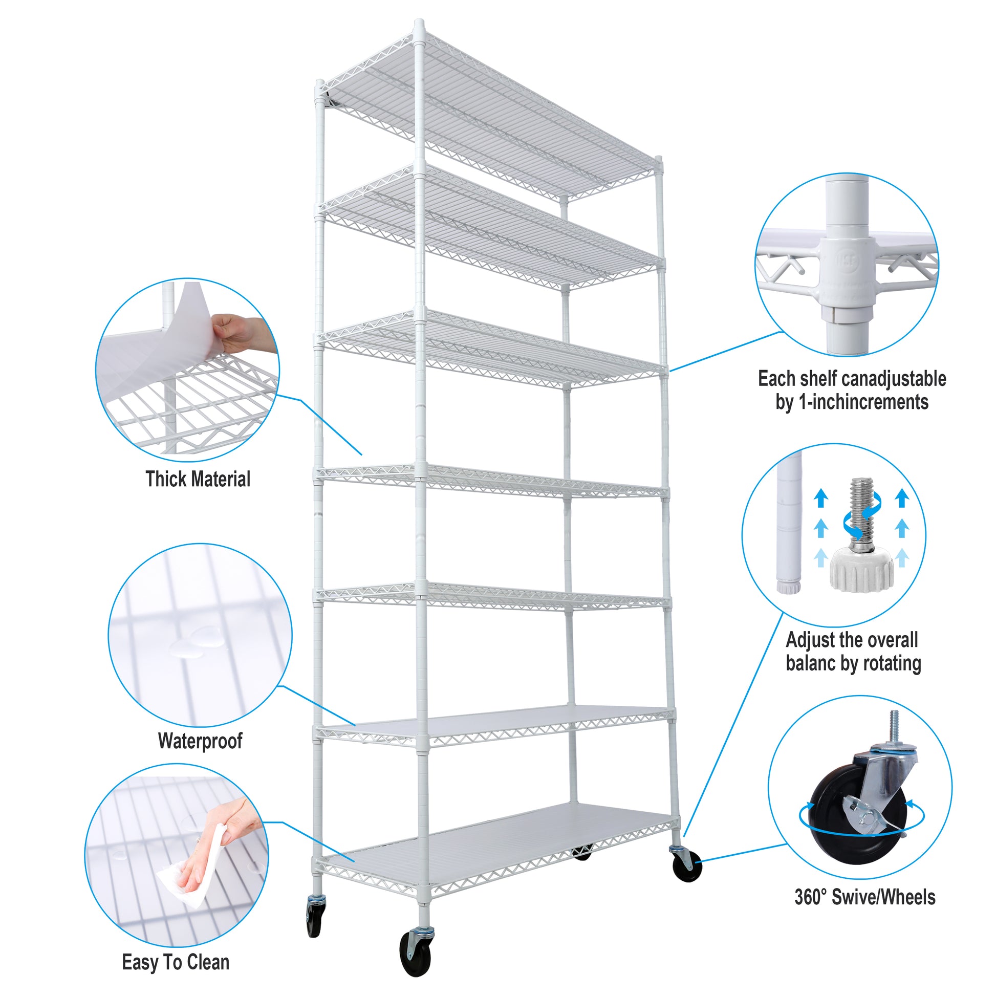 7 Tier Metal Shelf Wire Shelving Unit, 2450Lbs Heavy Duty Adjustable Storage Rack With Wheels & Shelf Liners For Closet Kitchen Garage Basement Commercial Shelving 81.5" H X 48" L X 18" D White White Metal