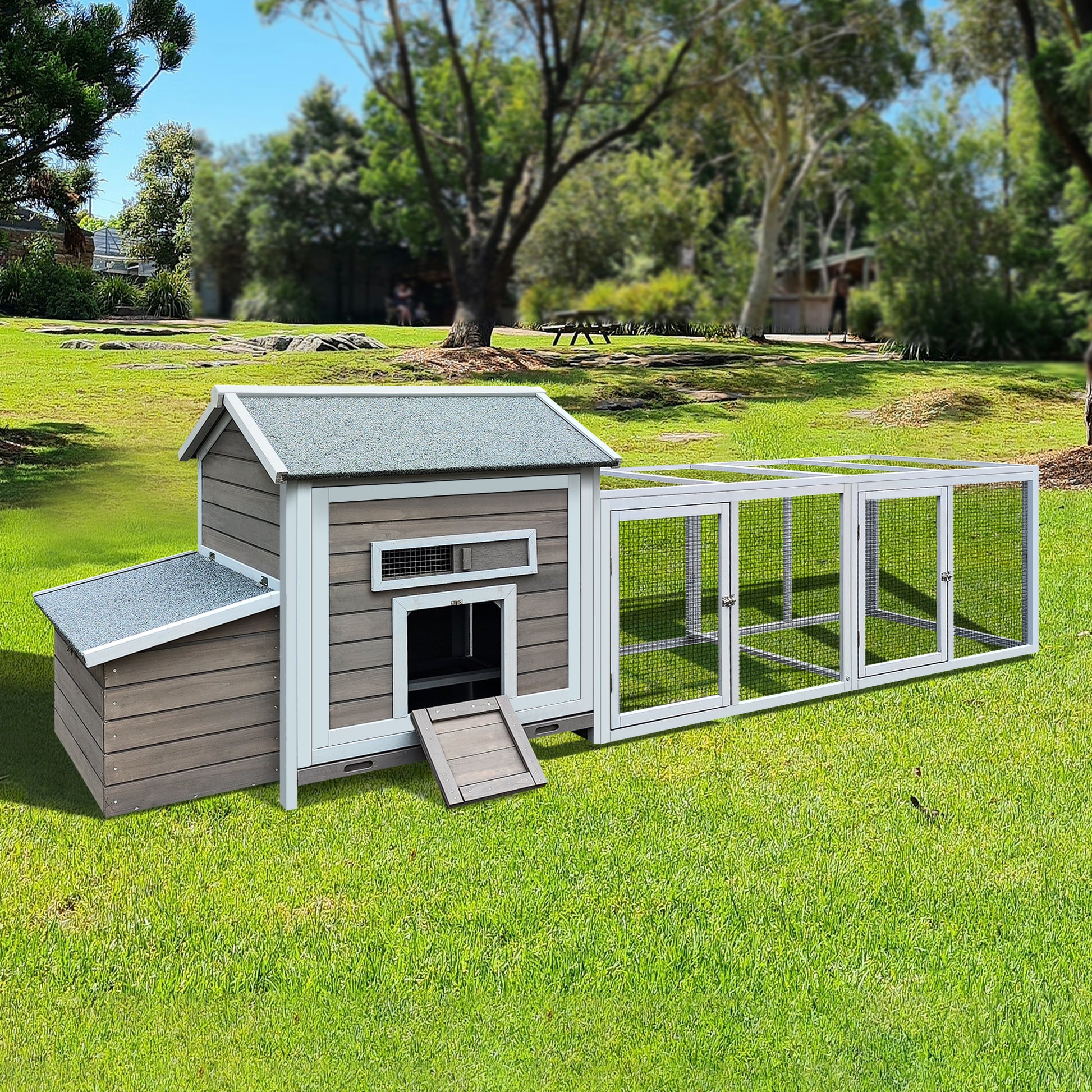 118 Wooden Chicken Coop Hen House Poultry Cage With Free Range Doors, Nesting Box,Leakproof Pull On Tray Gray Wood