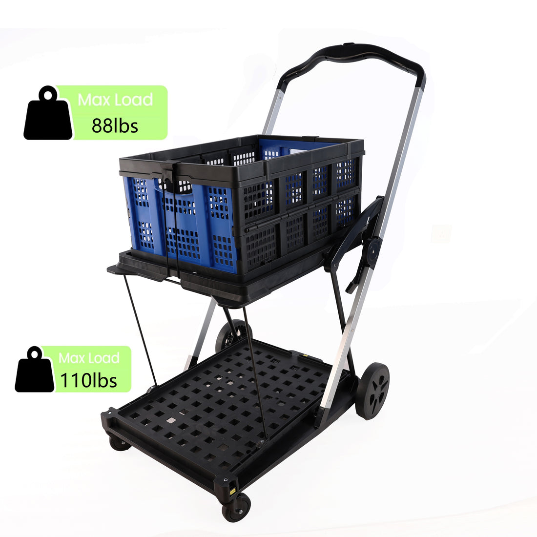 Folding Service Cart With Wheels Double Decker, Shopping, Library, Office Warehouse Moving Carts Black Blue Plastic