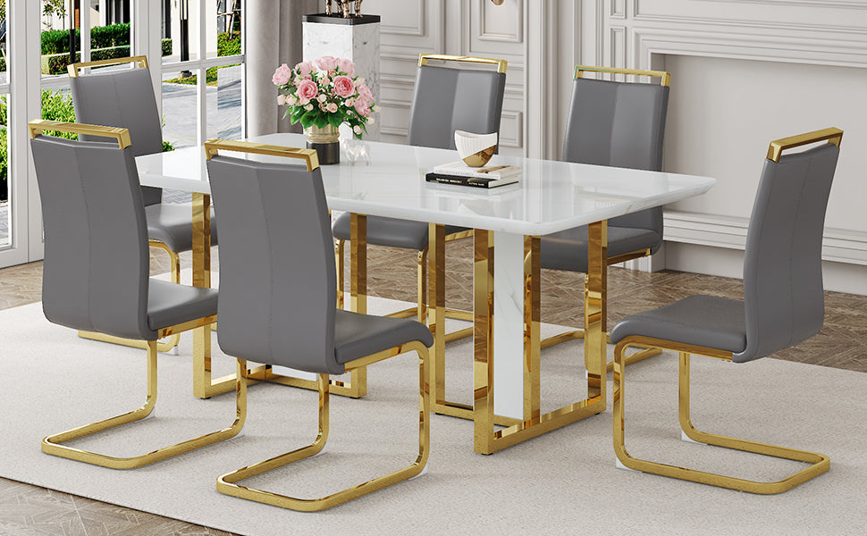 Table And Chair Set.67"X36" White Marble Pattern Mdf Dining Table Set With 6 Dark Gray Pu Chairs.Mdf Sticker,White Marble Pattern Sticker,Gold C Tube Chair Legs,Suitable For Kitchen,Dining Room,Etc.