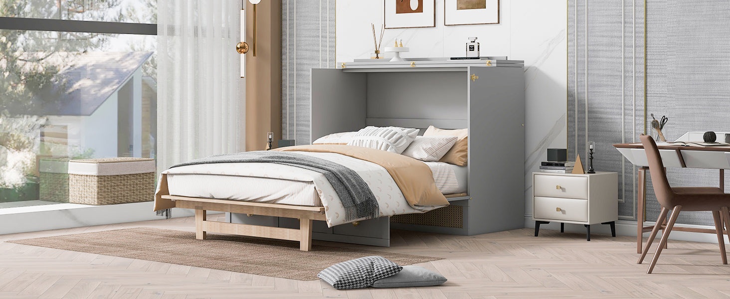 Queen Murphy Bed With Large Drawers,Gray Queen Gray Plywood