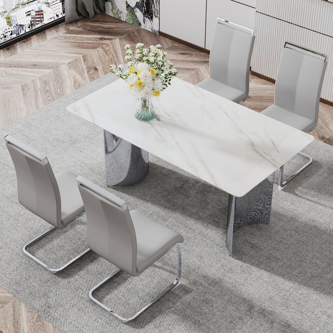 Modern Minimalist Dining Table. Imitation Marble Glass Sticker Desktop, Stainless Steel Legs, Stable And Beautiful. 4 Premium Pu Seats. 63 Inches * 35.4 Inches * 29.5 Inches Dt 69 C 1162 Silver Glass