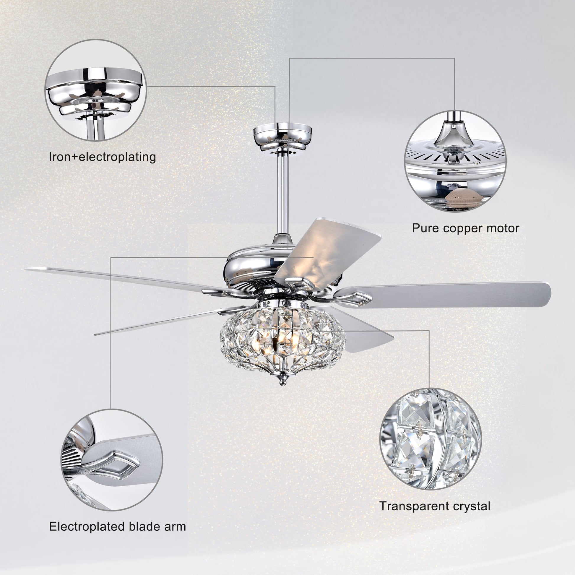 52'' Crystal Shade Ceiling Fan Lamp With Remote Control 3 Speed High, Mid, Low 5 Reversible Blades For Living Room, Dining Room, Bedroom, Family Room, Chrome ,3Pcs*E26 No Include Bulb Chrome American Traditional,Antique,Classic,Contemporary Crystal Metal