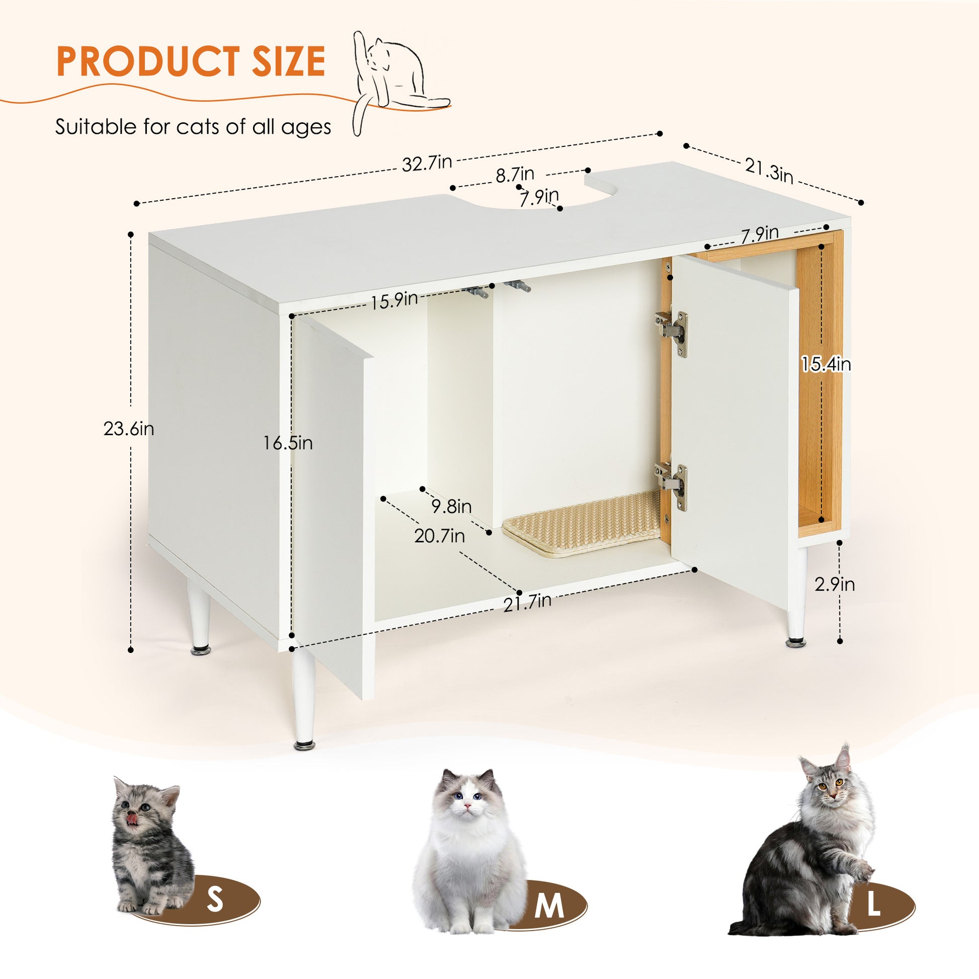 Bathroom Sink Cabinet With Cat Litter Box Enclosure, Hidden Litter Pet Washroom With Divider, Indoor Cat House For Large Cats, Wooden Cabinet Furniture, White White Vintage Particle Board