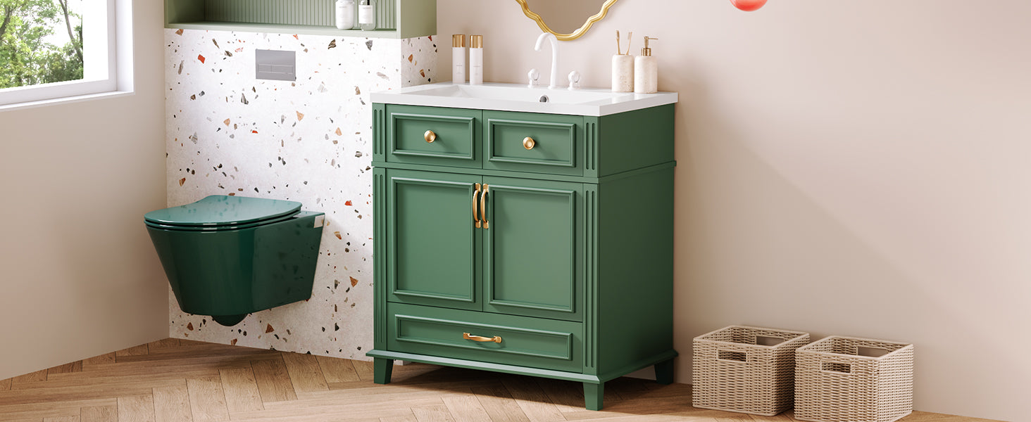 30'' Bathroom Vanity Without Top,Solid Wood Frame Bathroom Storage Cabinet With Soft Closing Doors,Frame Bathroom Storage Cabinet Only, Retro Style, Green 1 Green 2 Bathroom Freestanding Modern Solid Wood Mdf Resin Painted