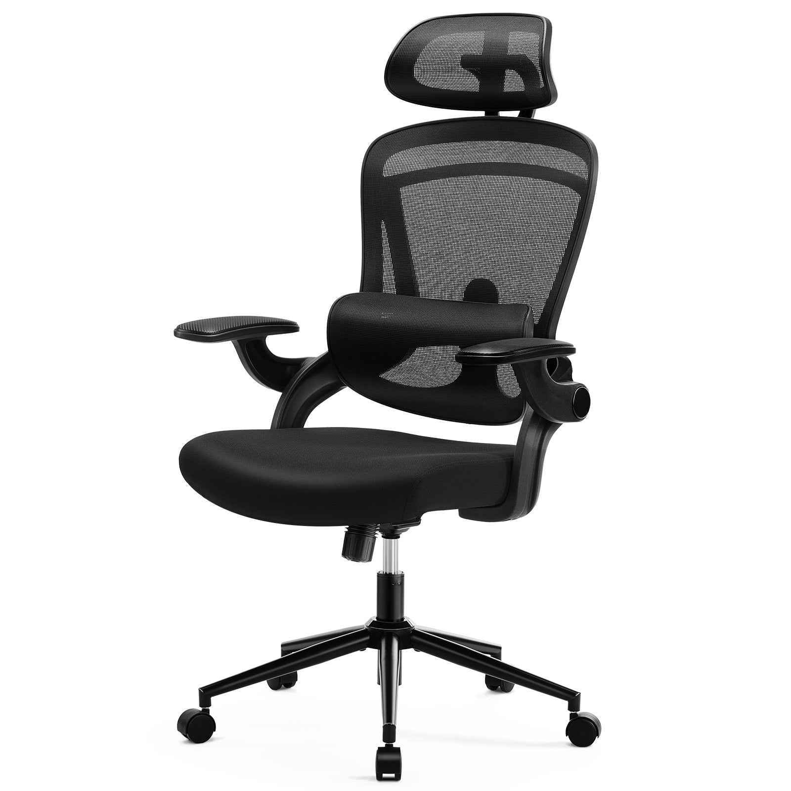 High Back Desk Chair With Adjustable Lumbar Support & Headrest,Comfortable Mesh Computer Chair With Soft Flip Up Arms, Adjustable Height And 120 Tilt,Black Black Abs Pc
