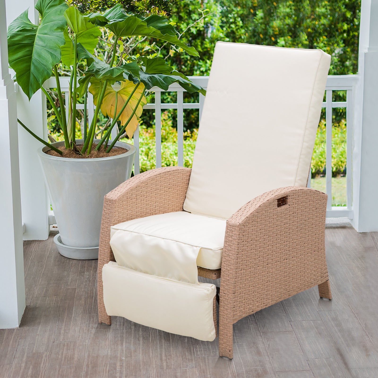 Outsunny Patio Recliner, Outdoor Reclining Chair With Flip Up Side Table, All Weather Wicker Metal Frame Chaise With Footrest, Cushions, Beige Beige Steel