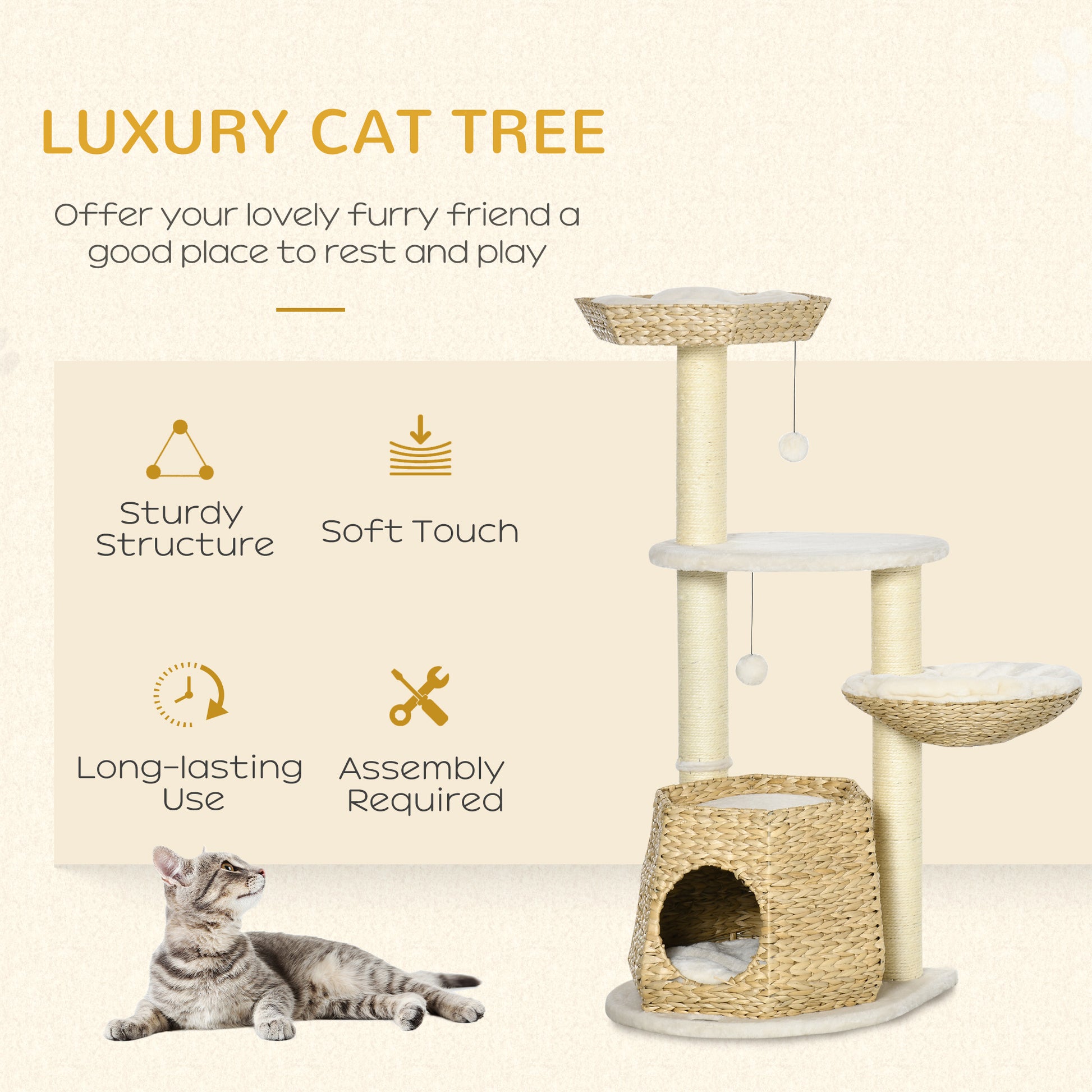 Pawhut 47" Cat Tree Kitty Activity Center, Cat Climbing Toy With Cattail Fluff, Bed, Condo, Sisal Scratching Post, And Hanging Ball, Natural Natural Wood Particle Board