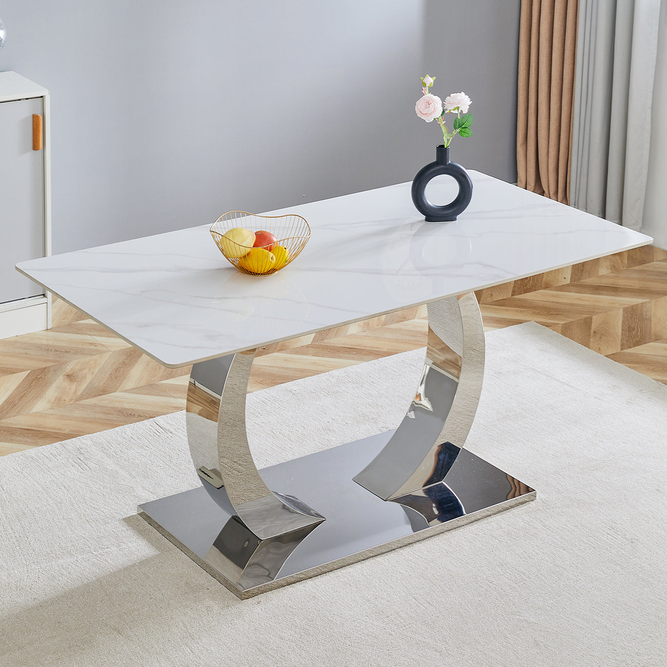 63X31.5X30 Inch Slate Dining Table A Perfect Blend Of Durability And Elegance.Rock Slab Desktop,Burnt Stone With Lmitation Marble Texture,Silver Stainless Steel Metal Table Legs. White Silver